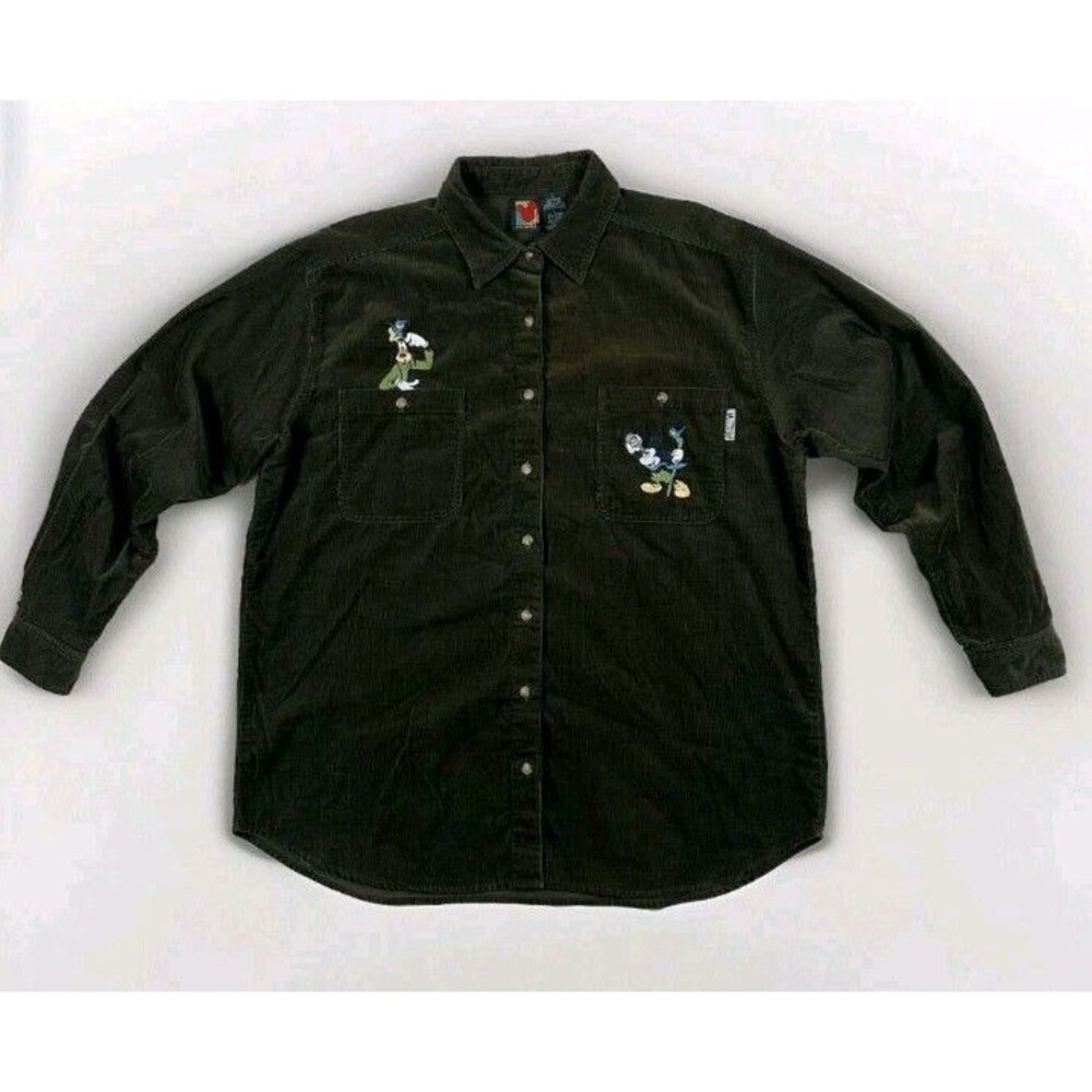VTG Disney Mickey Unlimited Embroidered Mick/Goofy Olive Corduroy Shirt Women L